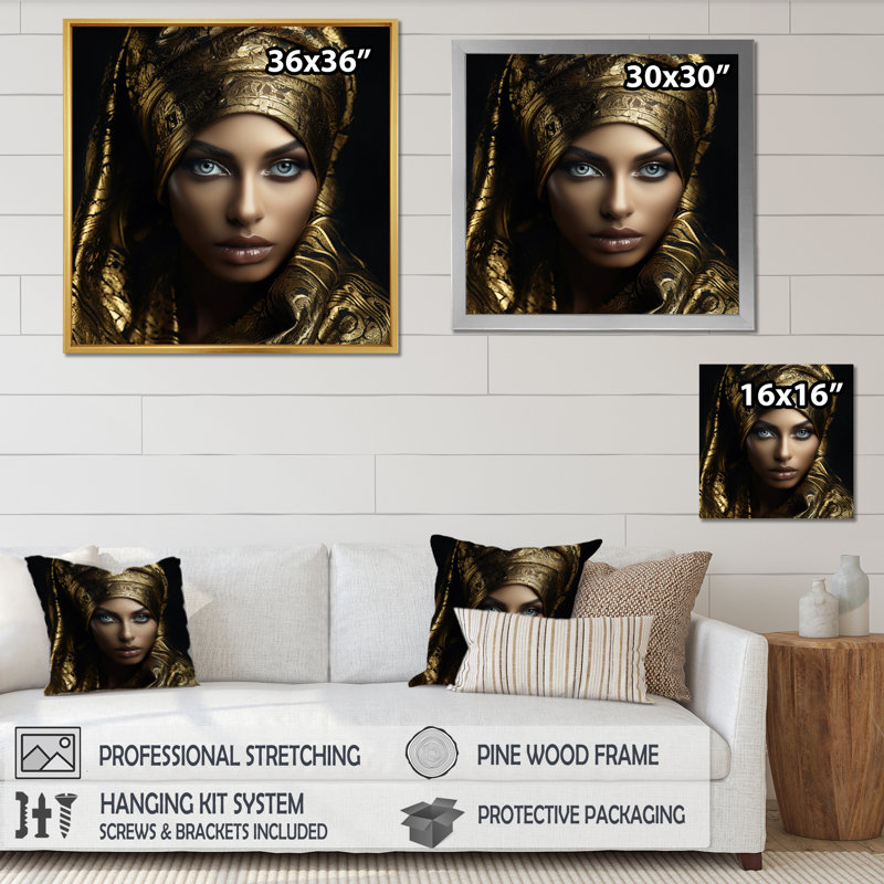 Élégante reine Musulmane rétro dorée sur toile, H 16 po x l 16 po x P 1 po, Cadre doré à une seule photo