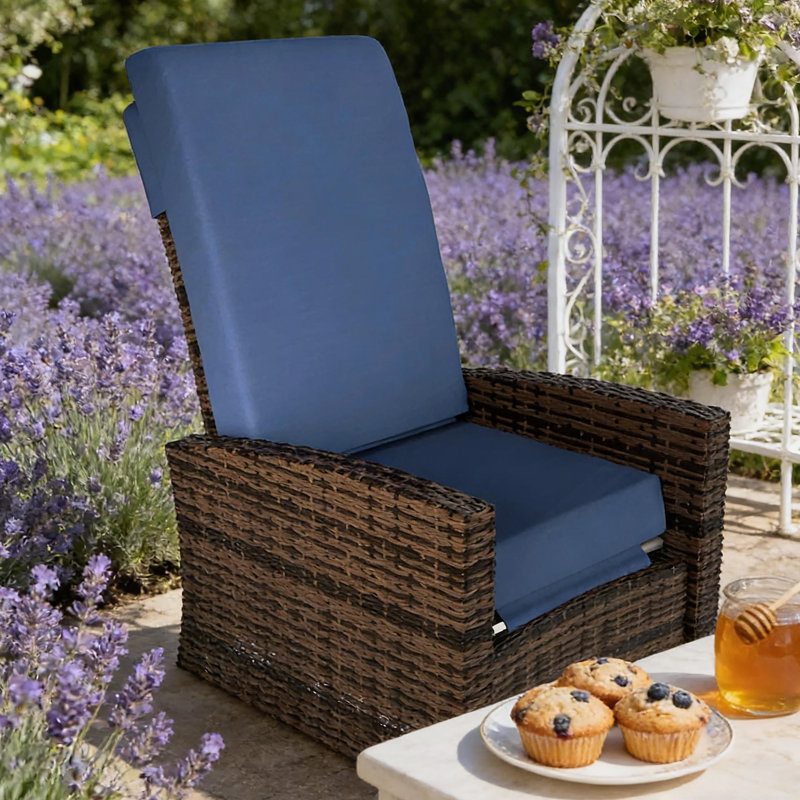Chaise d'extérieur, Fauteuil inclinable pivotant d'extérieur, Coussin bleu foncé / cadre brun
