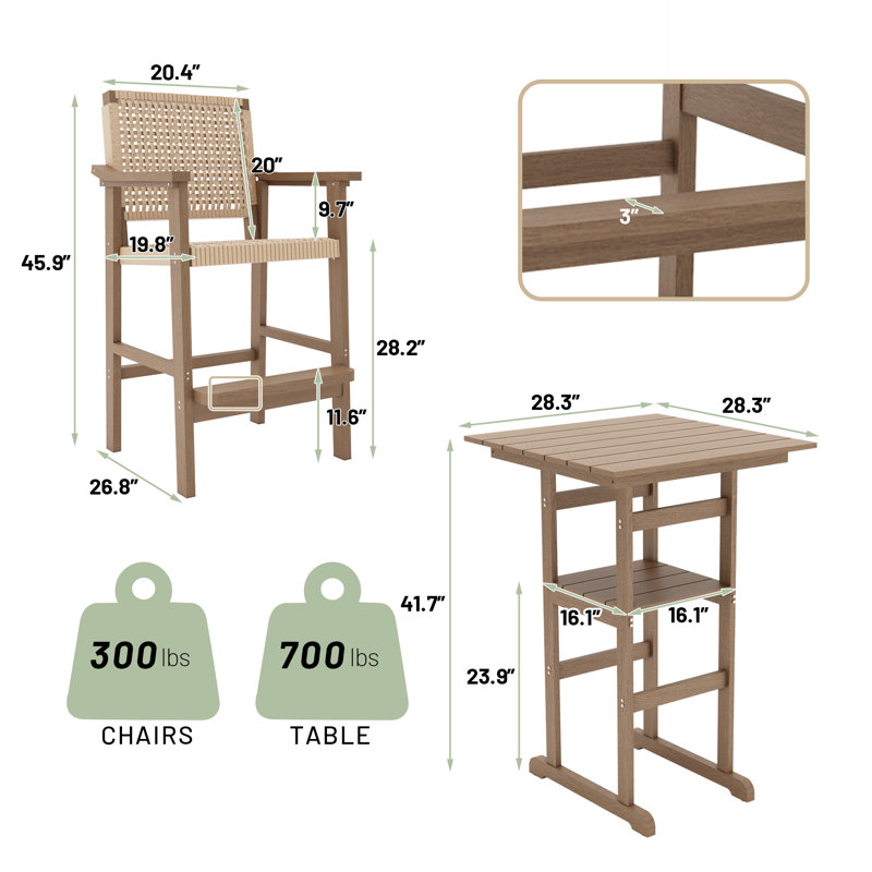 Ensemble de 2 tabourets de bar en osier avec dossier haut, capacité de 380 lb pour le jardin, la cour et la piscine, brun