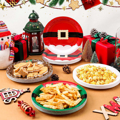 100 PCS 9 Inch Christmas Santa disposable paper plates 100 guest dinnerware set holiday party table decorations