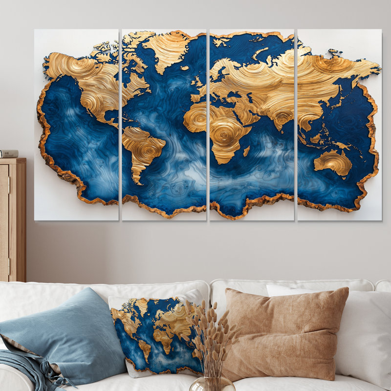 Glissade sur bois carte du monde saphir - art mural carte du monde - décoration murale moderne 4 pièces, H 28 po x l 48 po