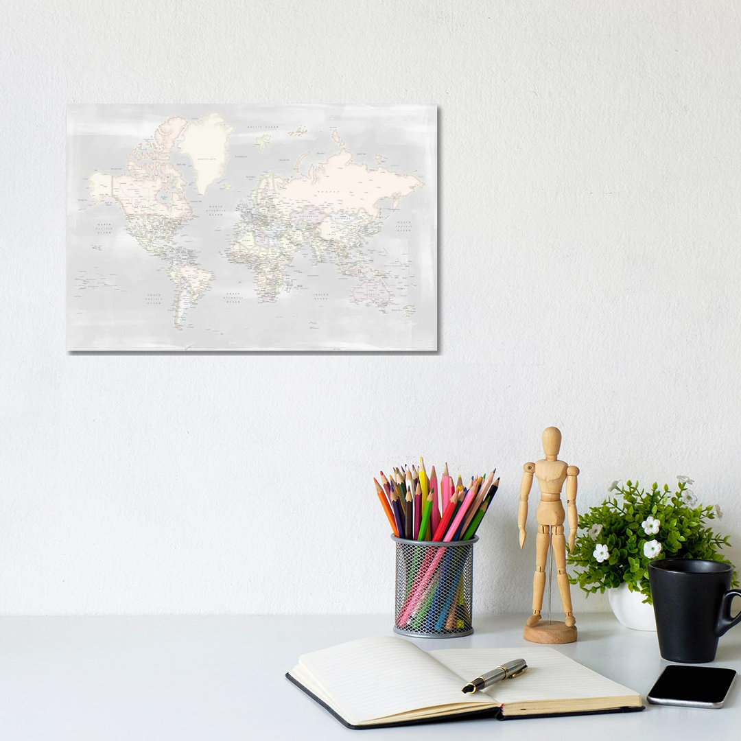 Detaillierte rustikale und pastellfarbene Weltkarte Maeli Pastels von Blursbyai - No Frame Gallery-Wrapped Canvas Giclée...