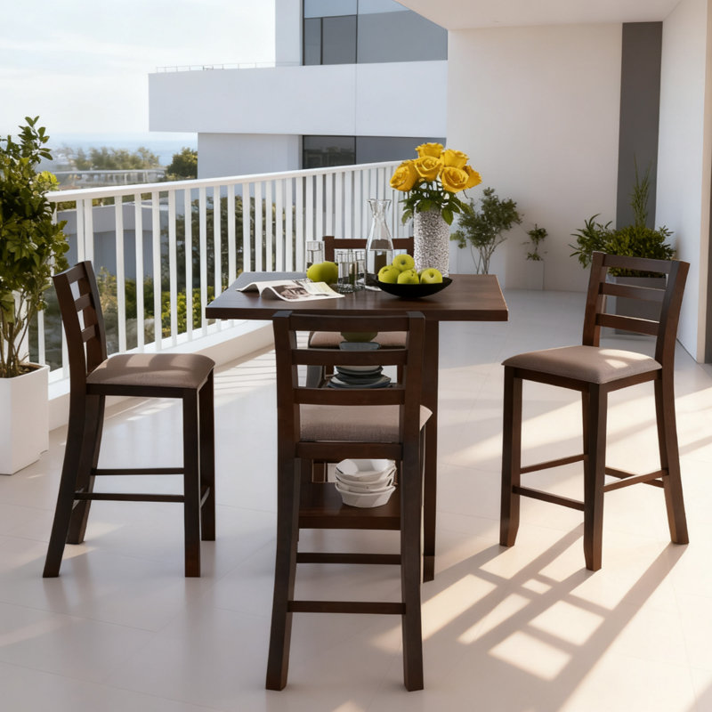 L'ensemble de salle à manger moderne 5 pièces pour 4 personnes comprend une table carrée et 4 chaises de salle à manger en toile de jute grise, une laque espresso chaude et des tablettes cachées à 3 niveaux