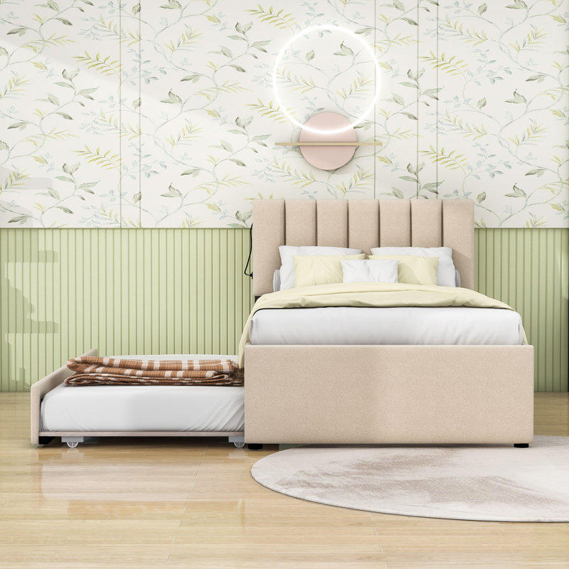 Lit plateforme tapissier en bois avec lit gigogne et tête de lit, Simple, Beige