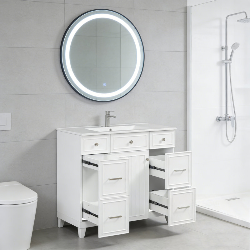 Bathroom Vanity with Ceramic Sink, Soft Close Doors, Adjustable Shelves and 3 Drawers, White