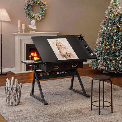 Adjustable Drawing Drafting Table Desk With 2 Drawers For Home Office And School With Stool(Black)