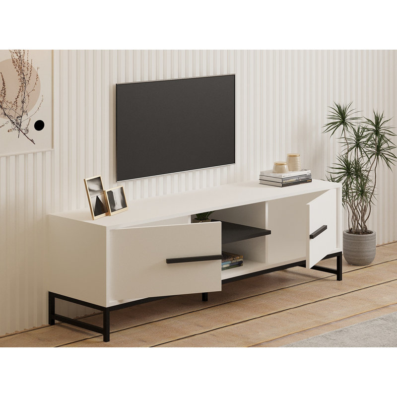Modern White TV Stand, 63.0 x 19.7 x 15.7 inches | 100% Melamine Coated Particle Board, 0.7 inches Thick | Numerous Shelves, Wall-Mountable, Additional Storage | Stylish and Functional Design for Living Room