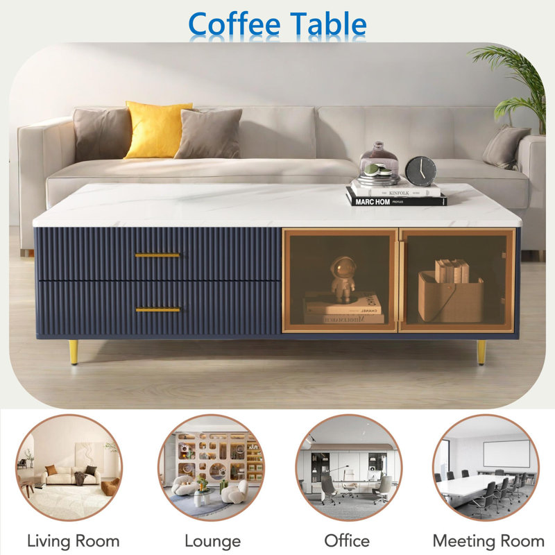 Table basse avec 2 portes en verre, 4 tiroirs, pieds en métal doré et éclairage multicolore, Marine