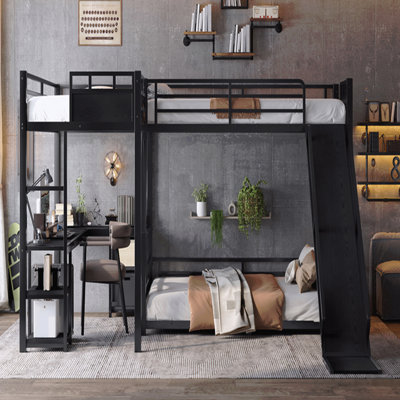 L-Shaped Metal Bunk Bed (Top Bed: Twin, Bottom Bed: Full ) With Single Loft Bed, Desk, And Storage Shelves, Usb Charging Port Included - Metal Triple Bunk Bed With Slide,Black