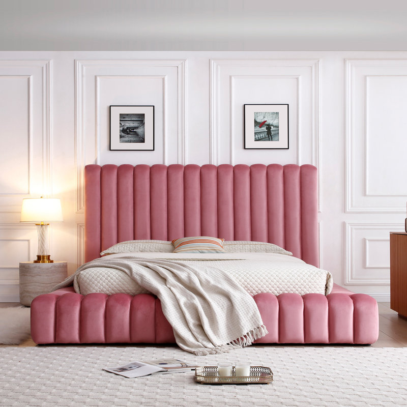 Lit plateforme en velours Kaydence, Rose, Très grand lit