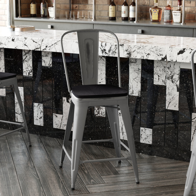Tabouret d'intérieur à hauteur de comptoir avec siège coloré en résine de polyester, Gris / noir