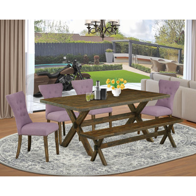 6 Piece Dining Set Contains a Rectangle Dining Room Table with X-Legs and 4 Dahlia Linen Fabric Parson Chairs with a Bench, Distressed Jacobean