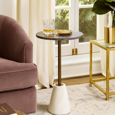 Cira Accent Table, 12 Inch Round Black And White Marble Top, Gold Metal