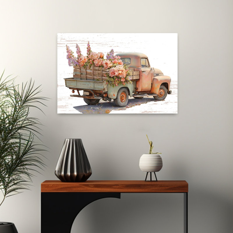 Art rétro de camion de fleurs rétro V, H 16 po x l 24 po