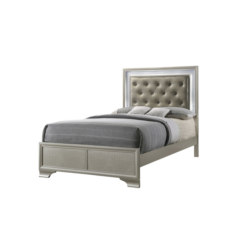 Twin Size Led Panel Bed With Crocodile Skin Upholstery And Bedroom Element Glamorous Slat Support