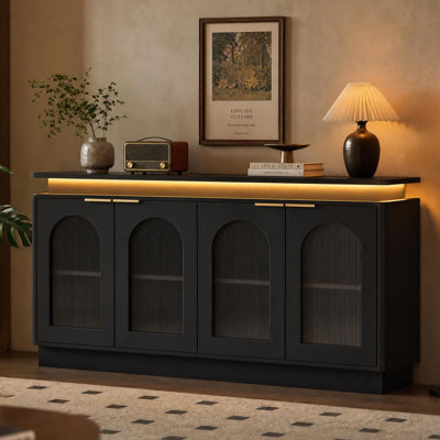 Archway 65.3" Sideboard Buffet Cabinet with LED Lighting, Storage Cabinet with Arched Acrylic Doors and Metal Handles, Modern TV Stand for Living Room Entryway Bedroom, Black