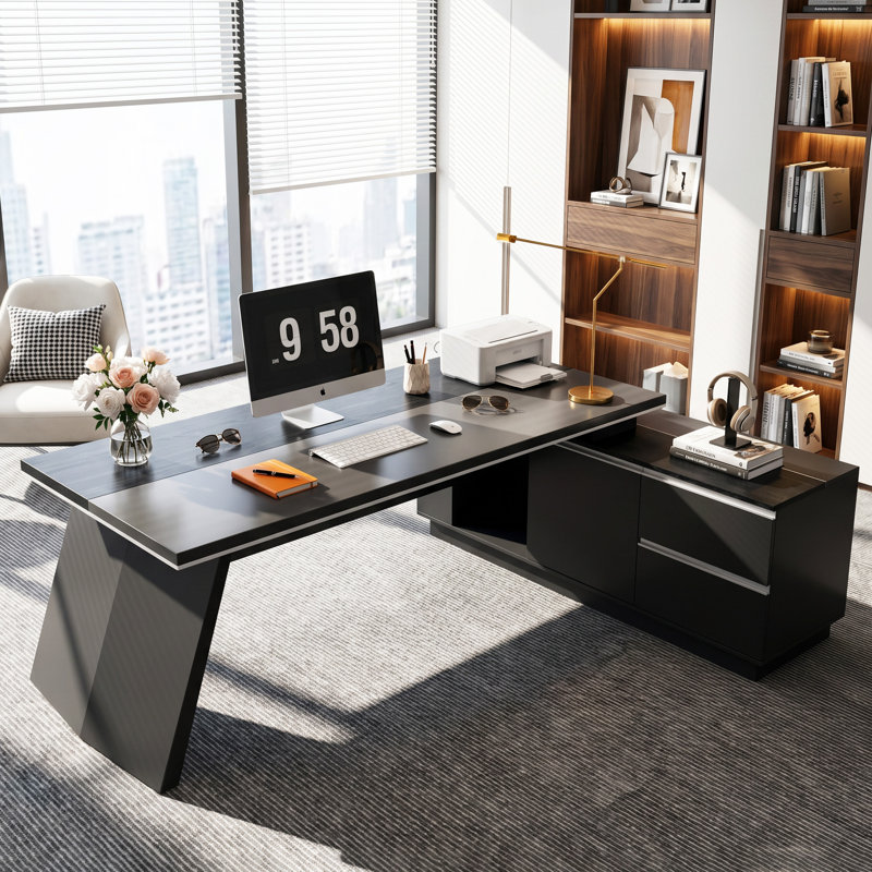 Bureau de direction moderne en L 78,7 po, poste de travail réversible avec concentrateur électrique intégré, bureau épais de 2 po et tiroirs de rangement