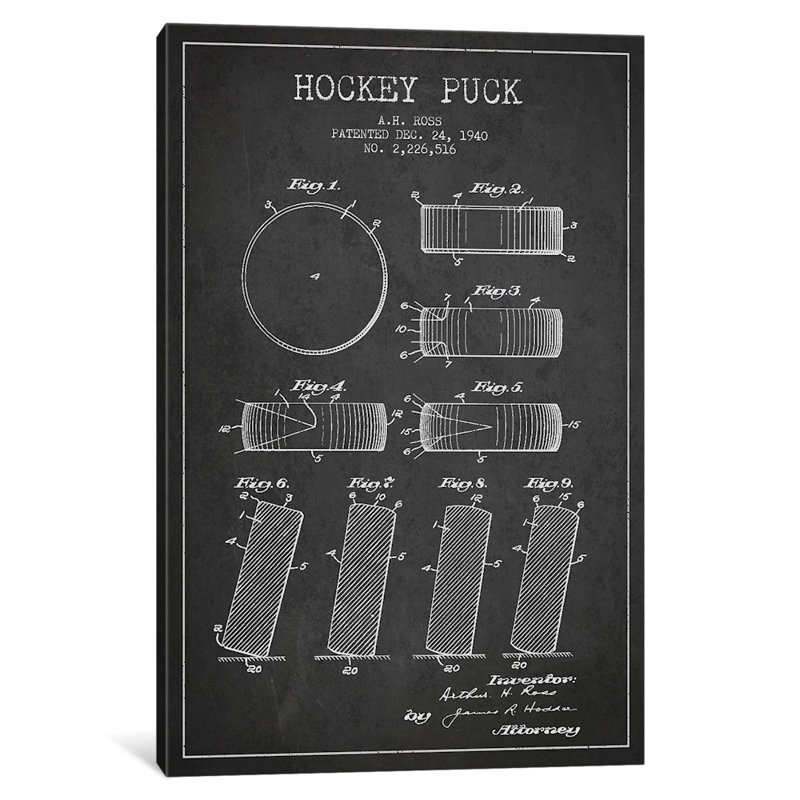 « Hockey Puck Charcoal Patent Blueprint », affiche vintage sur toile tendue, H 18 po x l 12 po x p 1,5 po