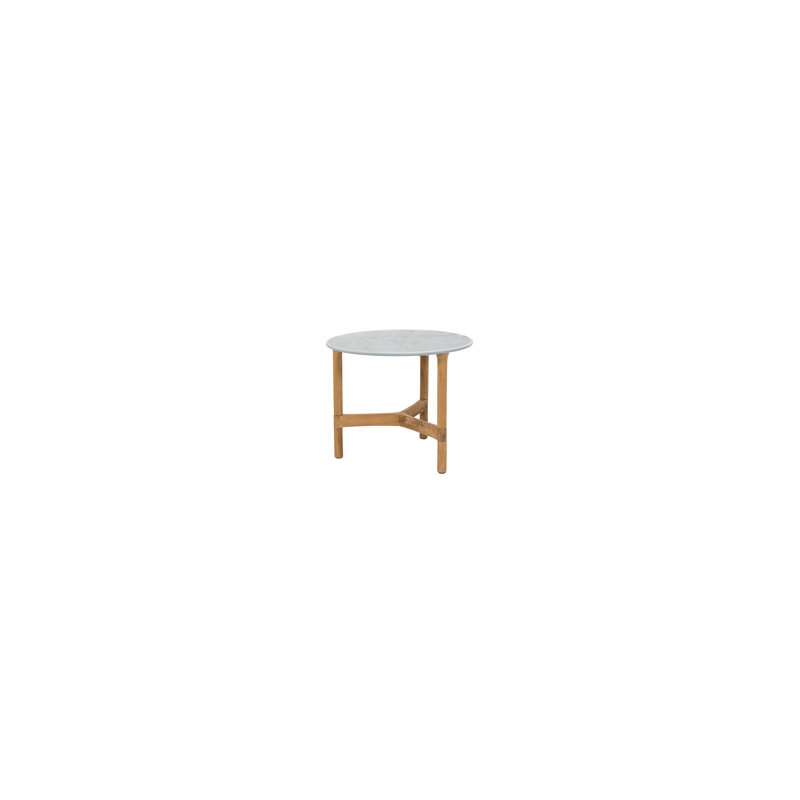 Twist Outdoor Round Teak Coffee Table, Ceramic Travertine, 17.8"
