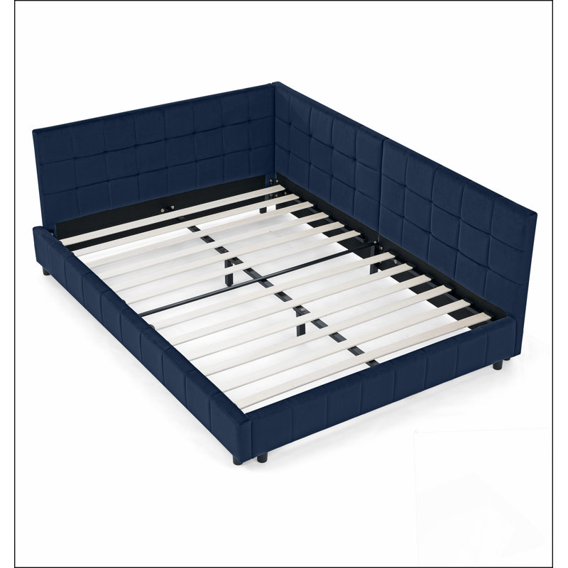 Structure de lit double capitonnée pleine grandeur avec dossier et accoudoirs confortables, idéale pour la chambre à coucher et le salon, velours, bleu foncé