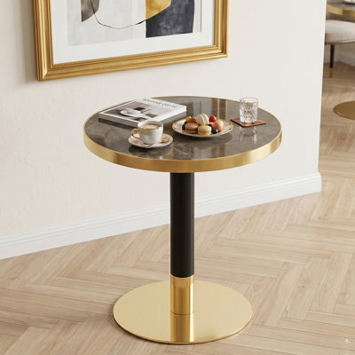 Panneau de fibres à densité moyenne rond de 23,6 po recouvert d'un comptoir de peinture UV, texture marbre, bordure en acier inoxydable, pieds de table en métal, table basse moderne et luxueuse.