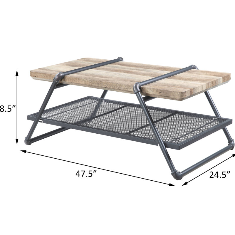 Table basse en bois avec tablettes en grillage métallique et base solide - Plateau en bois de style industriel attrayant