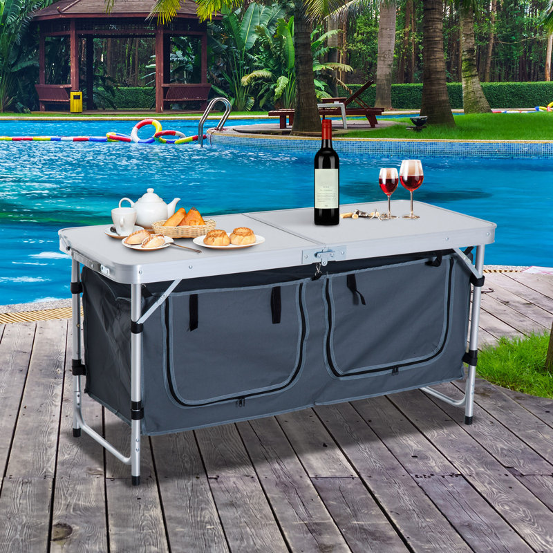 47" White Aluminum Folding Camping Table with Storage Organizer