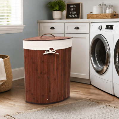 58L Bamboo Laundry Hamper with Lid, Removable 2-Section Washable Liner and Handles for Bedroom, Laundry Room, Apartments