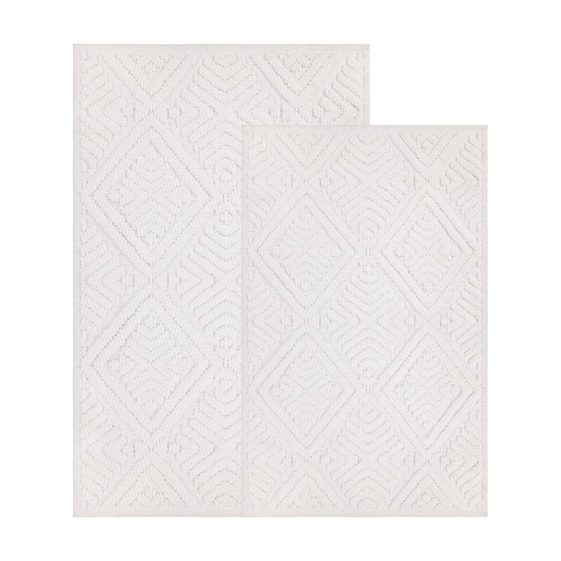 Ceton Elegant Diamond Trellis Textured Machine Washable 2 Piece Bathroom Rug Set, LARGE- 2 Piece Set, White