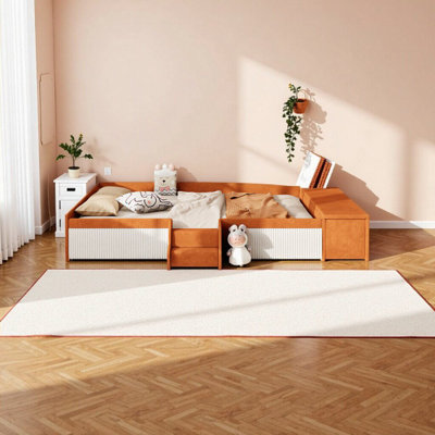 Elegant Full Size Velvet Upholstered Daybed with Stairs & Gas Lift Storage Ottoman – Brown & White