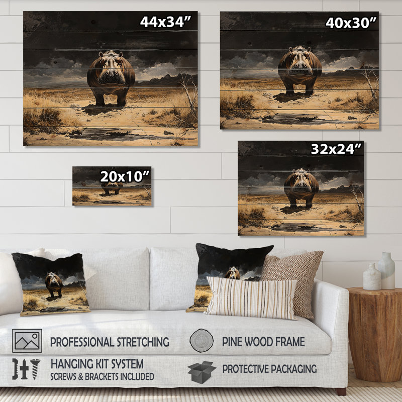Hippopotame de survie en Afrique - Impression sur bois gris moderne sur bois de pin naturel, H 30 po x l 40 po