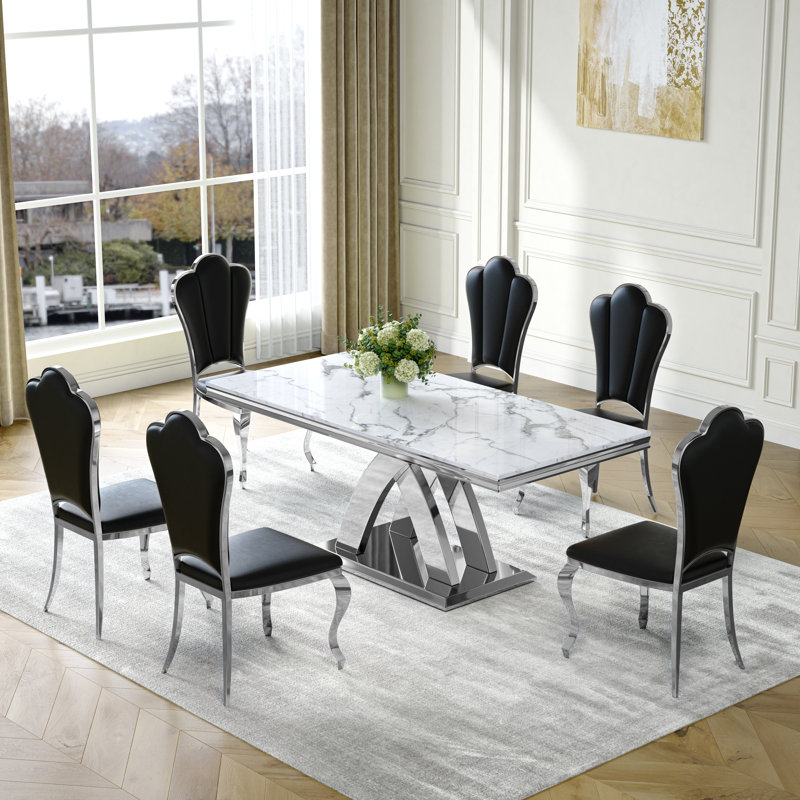Marble Rectangle Dining Set of 7, Faux Marble Top and X-Shaped Stainless Steel Base with 6 Luxury Petal-Back Leather Chairs