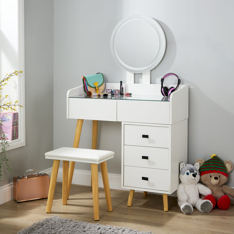 4 Drawer LED Mirror White Dressing Table & Stool Set