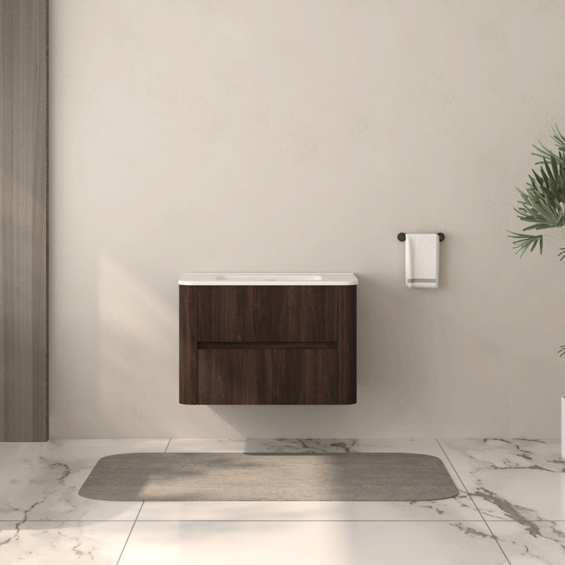 Meuble-lavabo mural de 30 po avec lavabo en céramique blanc, deux tiroirs à fermeture en douceur, noyer foncé, style américain - contreplaqué, tracas - installation pour salle de bain minimaliste intégrée