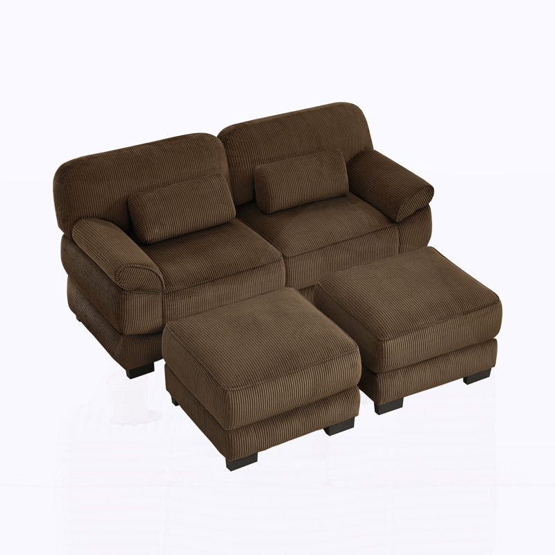 Canapé 2 places avec 2 repose-pieds, coussins de siège épais et confortables pour le salon, Brown Corduroy