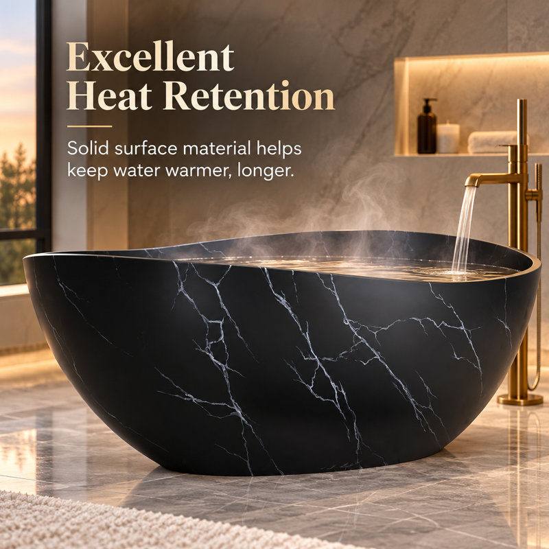 63" Modern Wave Freestanding Soaking Tub, Solid Surface Bathtub In Black Marble Finish, Matte Black