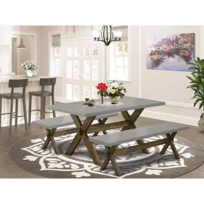 3 Piece Dining Room Furniture Set Contains a Rectangle Kitchen Table with X-Legs and 2 Dining Table Bench, Distressed Jacobean base Finish