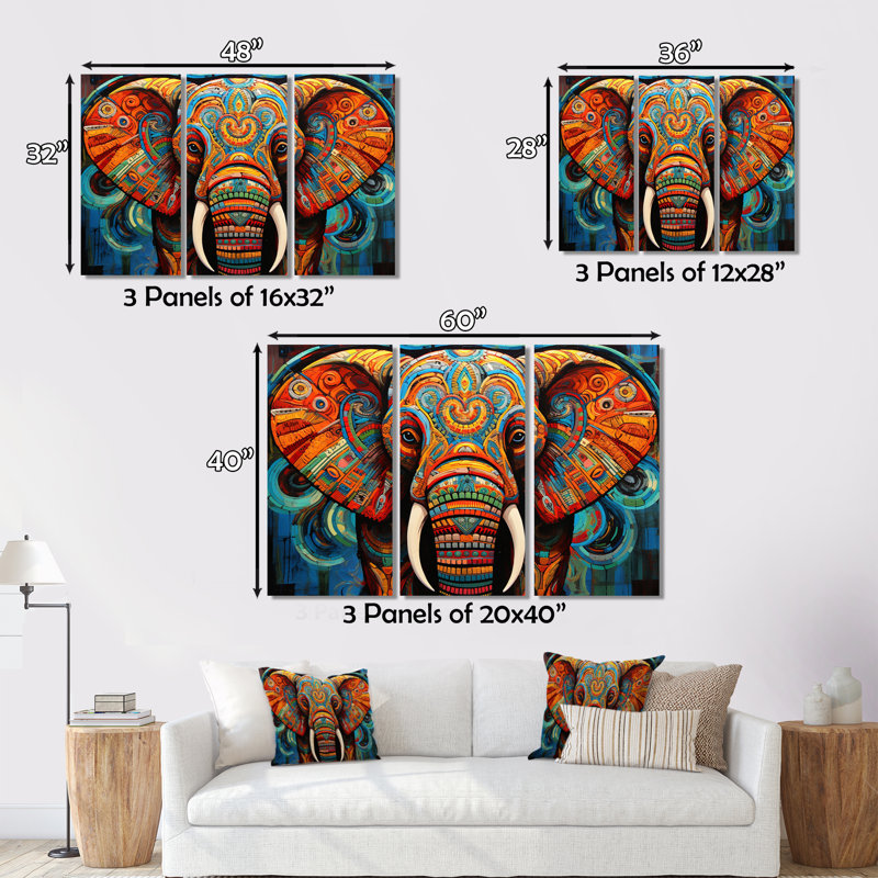 Éléphant tribal majestueux sur toile, 3 pièces, H 28 po x l 36 po x P 1 po