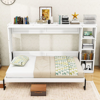 Lit escamotable en bois peu encombrant avec tablettes de rangement latérales