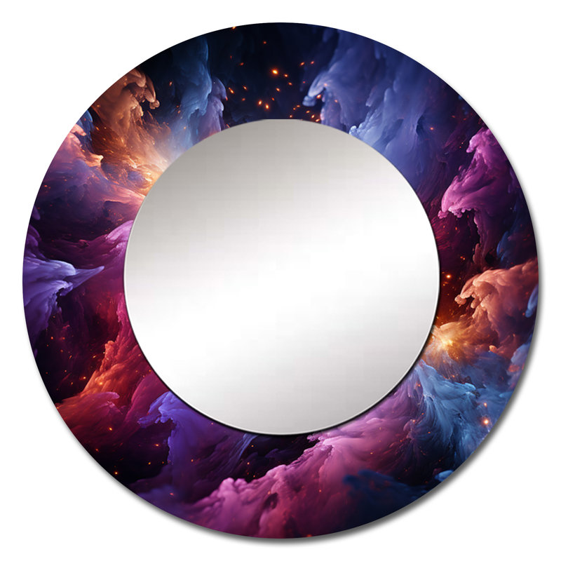 Rêves interstellaires abstraits or mauve - miroir unique de fractales, grand miroir mural rond moderne, impression d'art en métal