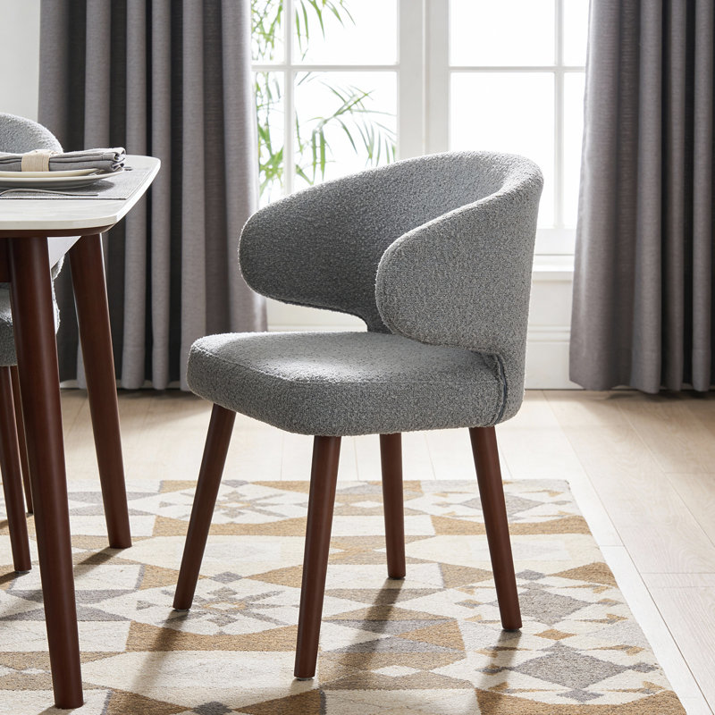 Modern Bouclé Upholstered Dining Chair with Curved Backrest and Solid Wood Legs, Gray