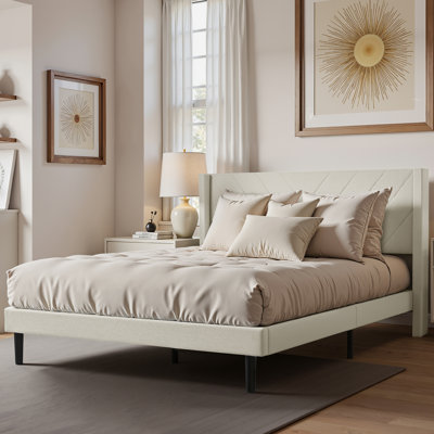Platform Bed Frame With Wingback Upholstered Headboard, Full Size Sturdy Wooden Slats Support, Easy Assembly,Beige