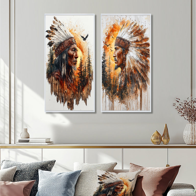 Native American Warrior Energy Of Forest I - People, impressions sur toile, collection 2 panneaux, H 40 po x l 41 po