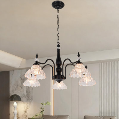 Lustre vintage français 5 lumières, cadre en fer noir avec abat-jour en verre, base E12 (ampoules incluses)