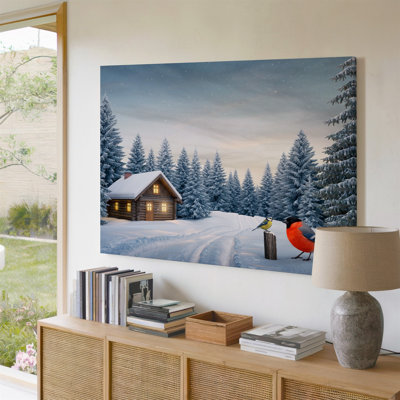 Canvas A Serene Winter Scene Featuring A Cozy Snow Covered Cabin Wall Art Nestled Among Tall Frosted Evergreens The Cabin With Warm Canvas Wall Art