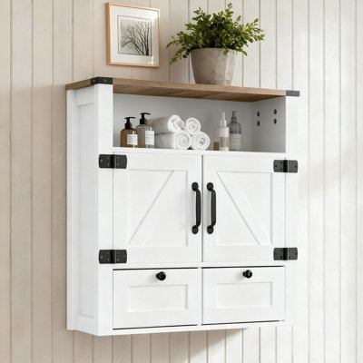 23.6" Wide Farmhouse Wall‑Mounted Mirrored Bathroom Cabinet, Barn‑Door Over‑Toilet Storage Cabinet