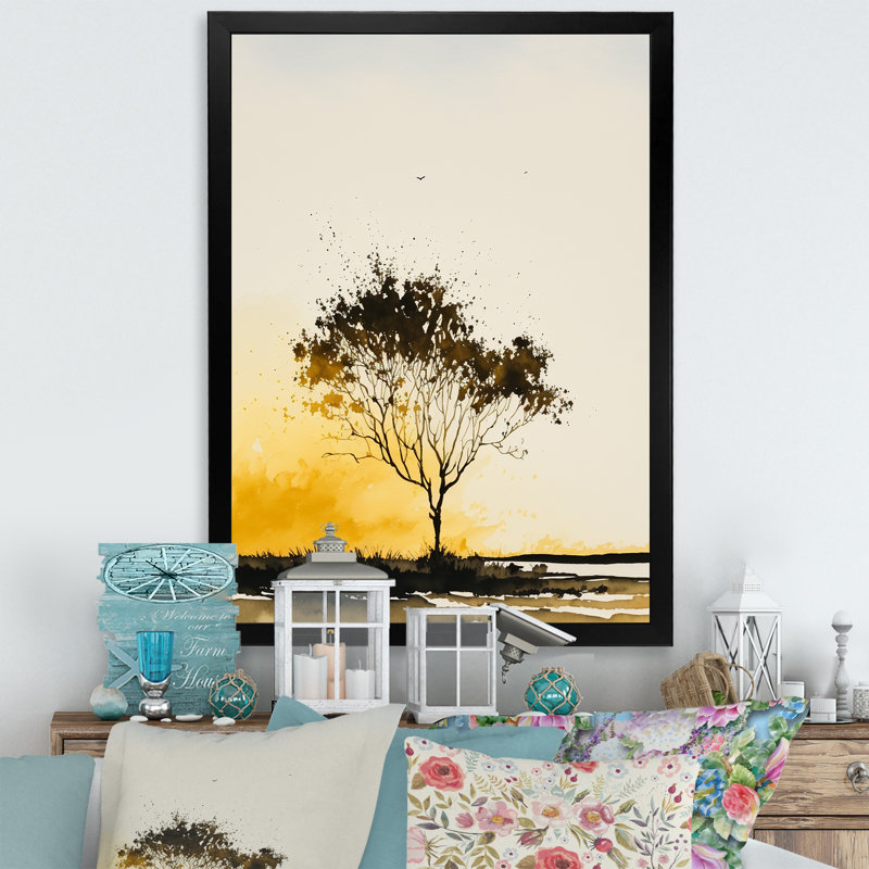 Arbre dans la campagne au coucher du soleil I - reproduction sur toile, Toile avec cadre photo noir
