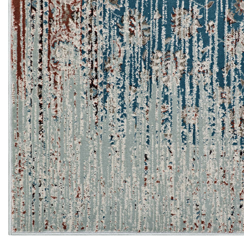 Modway Hesper Distressed Contemporary Floral Lattice Area Rug in Teal, Beige and Brown, Rectangle 5' x 8'