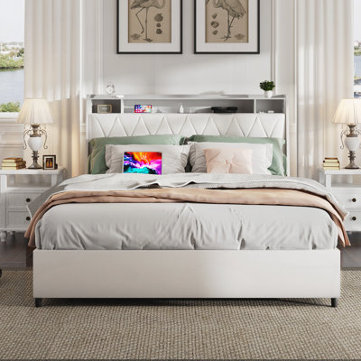 Bed Frame with Ergonomic Headboard,Bed Frame with Storage Shelf
