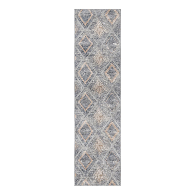  Tapis géométrique gris / bleu, Tapis de couloir 2 pi 7 po x 10 pi